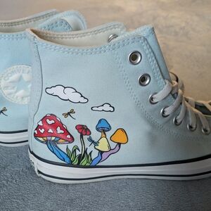 Converse High-Tops - Sky Blue with Whimsical Mushroom Art